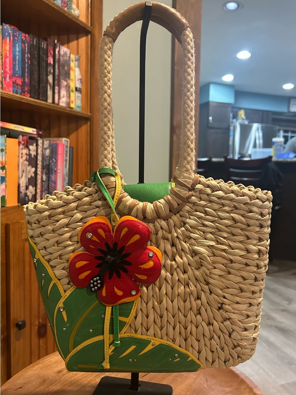Brighton Straw Tote with Red Flower and Green Leaf Accent